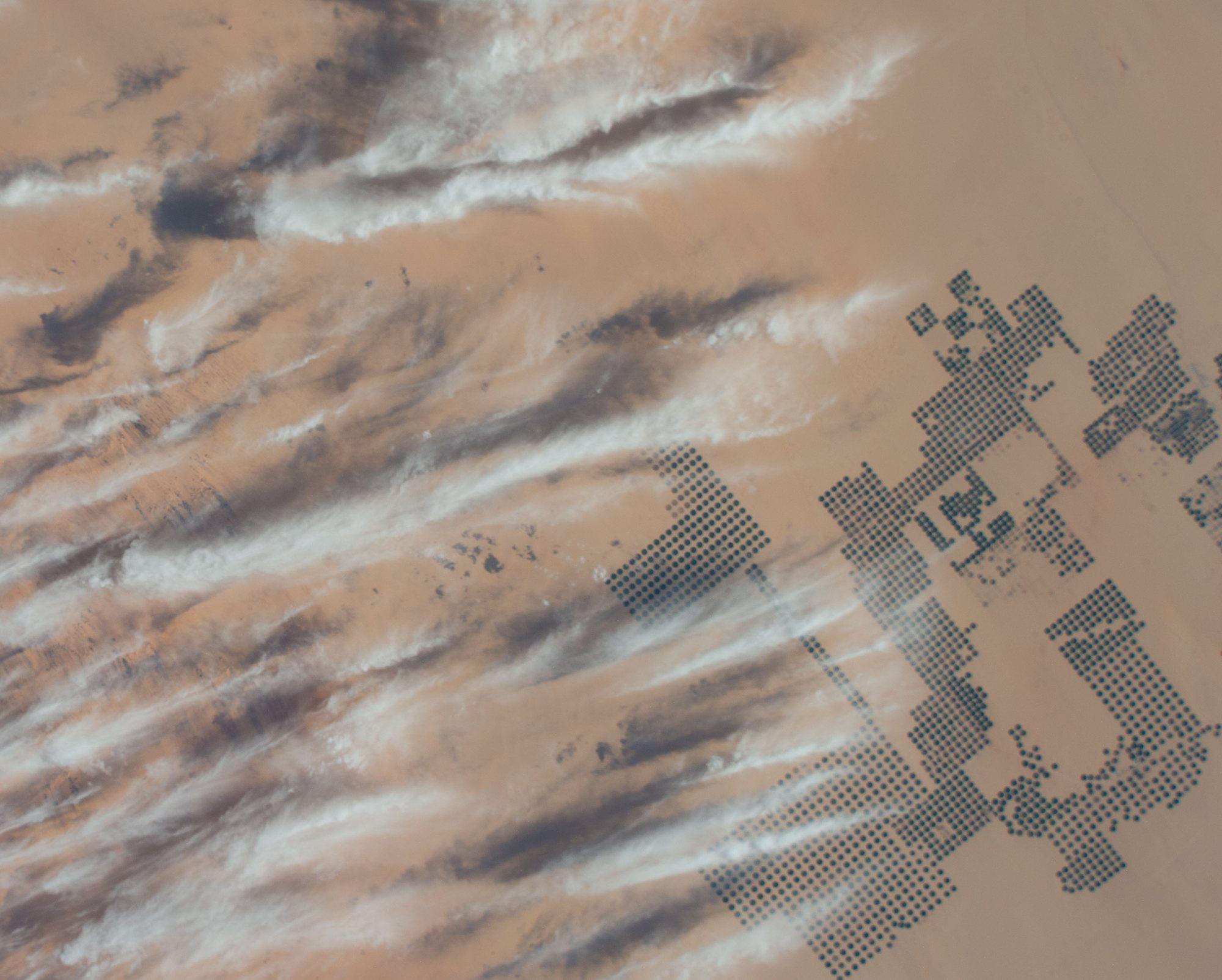 A grid of circular centre-pivot farms cut into wind-streaked sand dunes in southern Egypt, seen from the International Space Station.