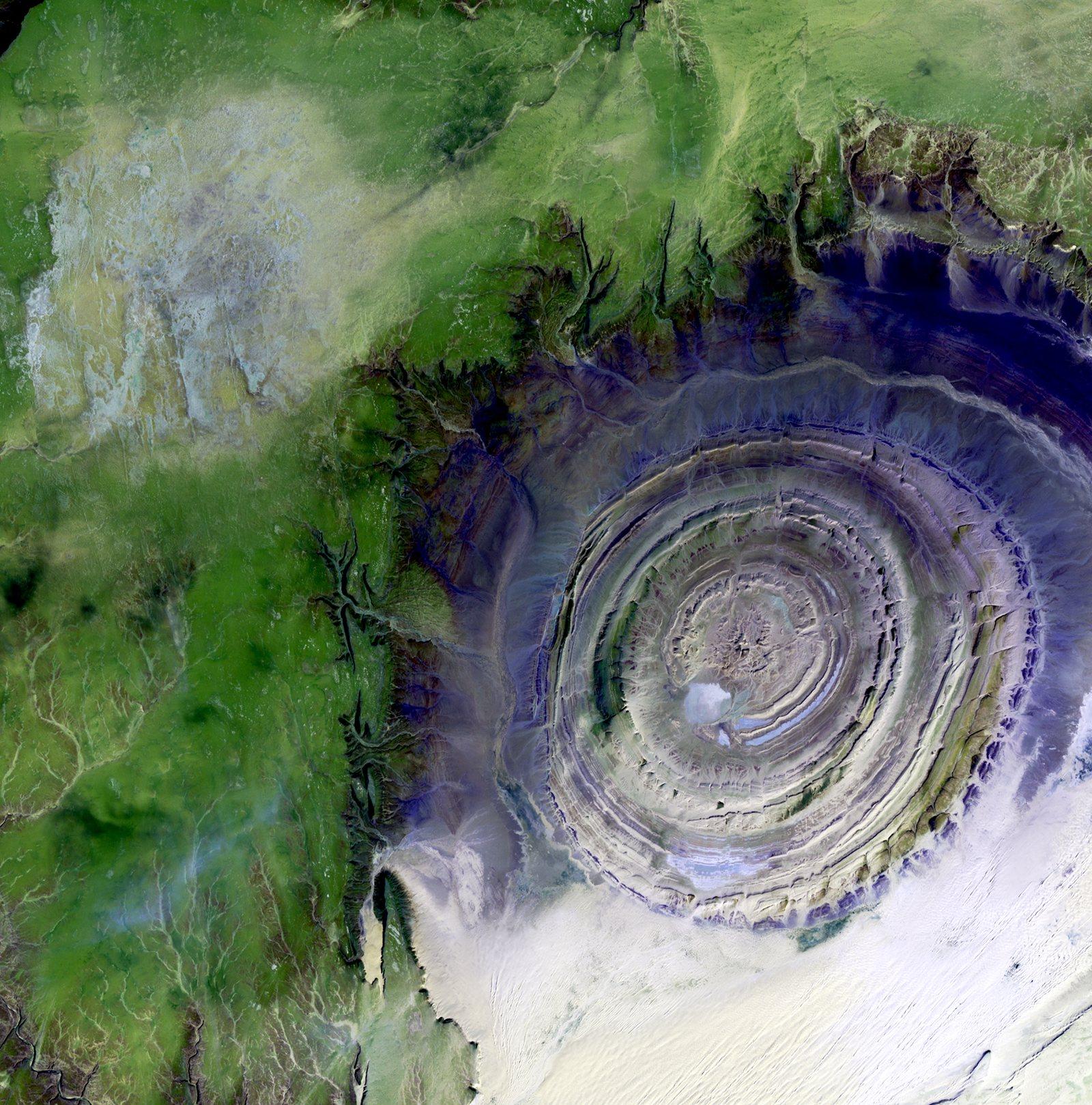 The Richat Structure in Mauritania, a series of concentric rock rings in the Sahara.